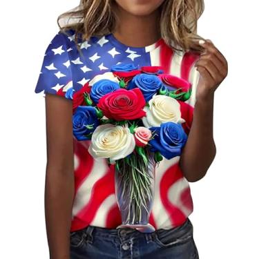 Imagem de Camisetas patrióticas femininas com bandeira americana de 4 de julho, estampa floral, túnica Dia da Independência, blusa casual de verão, Vermelho melancia, XXG