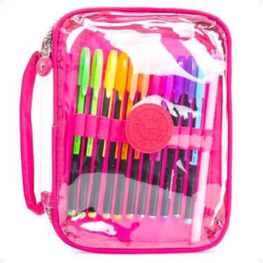 Imagem de Estojo Escolar Feminino Masculino Grande Transparente Ziper Resistente Papelaria Fofa Infantil Lápis Canetas Lapiseiras Borrachas Apontadores (Rosa)