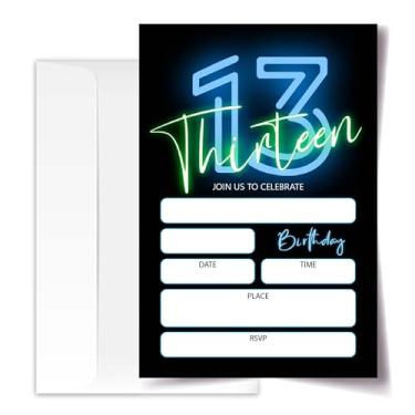 Imagem de ANYEMW Convites de aniversário de 13 anos Neon Glow 10 x 15 20 cartões com 20 envelopes para meninos e meninas, convites de festa de 13 anos. (52)