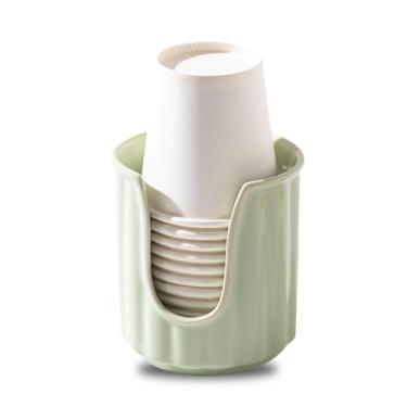 Imagem de TANEW Dispensador de copos de cerâmica infantil com listras verticais elegantes - Dispensador de copo Dixiee e suporte de copo para enxaguante bucal comporta copos de papel de 85 g para enxaguar copos