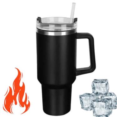 Imagem de Copo Térmico 1,2 Litros com Alça e Canudo, Com Tampa, Garrafa de Água Reutilizável, Caneca de Viagem a Vácuo em Inox, Ideal para Presente, Escritório, Academia, Viagem (Preto)