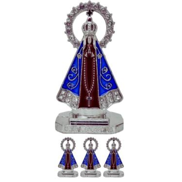 Imagem de Kit 4 Miniatura Imagem Nossa Senhora Aparecida Metal Para Painel de Carro Com Strass Autocolante (Prata Preto)