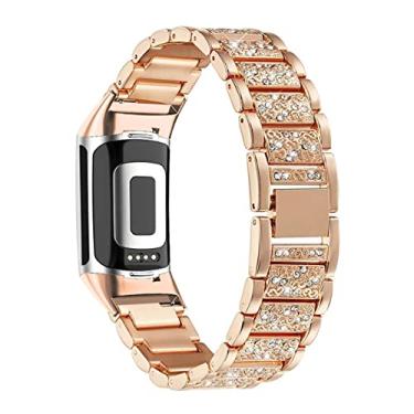 Imagem de Abanen Pulseiras femininas de cristal brilhante para Fitbit Charge 5/Charge 6, pulseira feminina de liga metálica ajustável para Fitbit Charge 5 (ouro rosa)