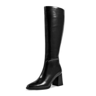 Imagem de wetkiss Botas de cano alto para mulheres, botas grossas com zíper lateral, fenda elástica, bico amendoado, salto bloco empilhado, Preto, 41