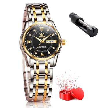 Imagem de OLEVS Relógios femininos de aço inoxidável dourado, prata, à prova d'água, analógico, grande, fácil leitor, dia, data, relógios de pulso femininos, relógios prateados e dourados com mostrador preto