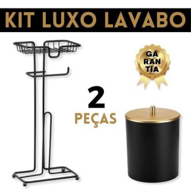 Imagem de Lixeira 5 Litros Preta Com Tampa Dourada Mais Papeleira Preta de Chão 