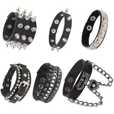 Imagem de ZKLYPJ Pulseira de couro sintético punk gótico cravejado com rebites e fivelas, pulseira preta gótica steampunk para homens e mulheres, unissex, anos 80, estilo rock, lembrancinhas de festa, cosplay,