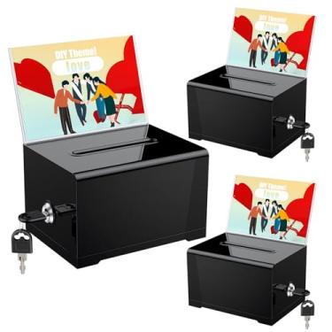 Imagem de Uniclife Pacote com 3 caixas de doação de acrílico preto para caixa de sugestões de arrecadação de fundos com compartimento e trava de urna de plástico com suporte de sinalização recipiente de