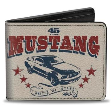 Imagem de Buckle-Down Carteira masculina PU dobrável - Vintage Mustang 45 Anos/United WE 'Stang Scroll Marfim/Marinho/Vermelho, Multicolorida, 10 cm x 9 cm, Multicor, 4.0" x 3.5", Buckle-down Carteira PU
