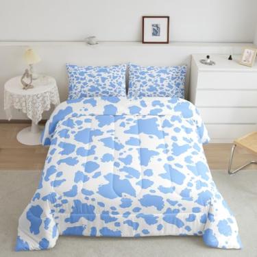 Imagem de Feelyou Conjunto de edredom solteiro com estampa de vaca, azul, branco, para meninos, meninas, adolescentes, animais leiteiros, respirável, conjunto de edredom de casa de fazenda