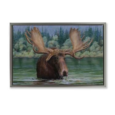 Imagem de Stupell Industries Tela emoldurada Moose Swimming in Lake Gray Floater Design de arte de parede por Valerie Rogers, 78 x 53 cm