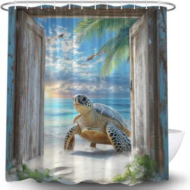 Imagem de JWJAMM Cortina de chuveiro litorânea praia oceano tartaruga marinha gaivota tropical palmeira onda do mar rústica azul-petróleo porta celeiro de madeira havaiana pôr do sol retrô azul cenário