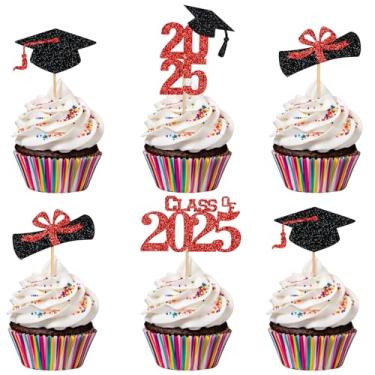 Imagem de 24 peças de topos de cupcake de formatura 2022- glitter vermelho e preto, decorações de formatura 2022, palhetas de formatura para cupcakes, decorações de bolo de formatura, suprimentos de festa de formatura 2022