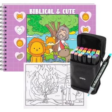 Imagem de Livro de Colorir Biblical And Cute + 24 Canetinhas Ponta Dupla 48 Ilus