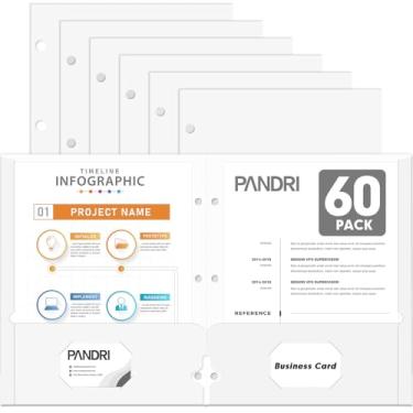 Imagem de Pastas de portfólio de dois bolsos, pacote com 60 PANDRI com 3 furos e 2 pastas de bolso para fichário de 3 anéis, pasta de arquivo de papel tamanho carta para escola, escritório, casa, negócios