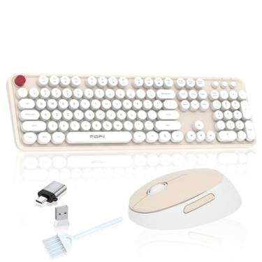 Imagem de Mouse sem fio creme, teclado COOFUN de 104 teclas, branco, ergonômico, sem fio, fofo, colorido, retrô, placa para teclado, para Windows, PC, laptop, desktop (cremoso)