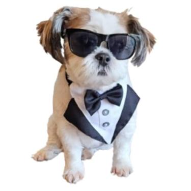 Imagem de C04 Conjunto de fantasia de animal de estimação retrô + smoking gravata borboleta babador de raças pequenas a médias 5,4-13,6 kg adereço de festa cosplay sessão de fotos (preto dos anos 80 + babador