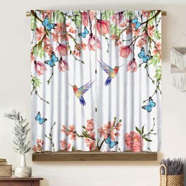 Imagem de Cortinas florais modernas para pássaros, natureza, colorido, planta rústica, flor, beija-flor, borboleta, pastel, blecaute, isolamento térmico, bolso para varão, cortinas, para sala de estar, quarto