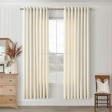 Imagem de Cortinas de quarto bege creme, 182 cm, de linho, espesso, texturizadas, neutra boho, para berçário, semitransparentes, para sala de estar, sala de jantar, 182 cm de comprimento, conjunto de 2 painéis