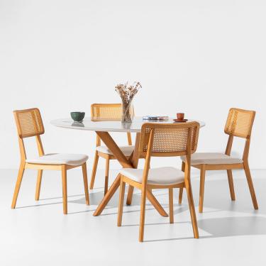 Imagem de Conjunto Mesa de Jantar Thai Redonda 1,20m Vidro Off White + 4 Cadeiras Lalá Encosto Palha Creme Assento Plot Cru