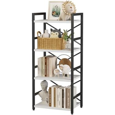 Imagem de Homeiju Estante branca, estante pequena de 4 camadas, pequena estante de metal branco para CD/filme/livro, organização e armazenamento de estantes para sala de estar, quarto de criança e móveis