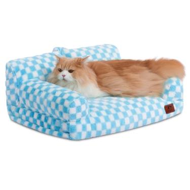 Imagem de Hollypet Sofá-cama macio e calmante para cães e gatos de pelúcia fofo para gatos e cães médios e pequenos, azul e branco