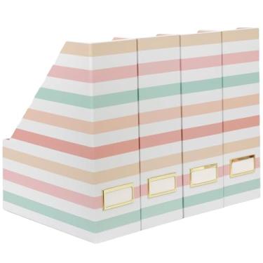 Imagem de BLU MONACO Conjunto De 4 Porta-Revistas Dobráveis Em Listras Pastel, Organizadores Verticais Papelão Resistentes Com Porta-Etiquetas, Caixa Para Armazenamento Arquivos Escritório, Organizador Mesa,