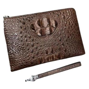 Imagem de Bolsa masculina autêntica verdadeira pele de jacaré bolsa de pulso couro de crocodilo genuíno masculino grande porta-cartões bolsa clutch, Marrom, 28cm(Length) x 19cm(Height) x 3cm(Deep)