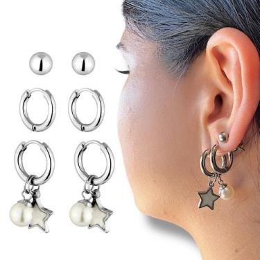 Imagem de Conjunto Brinco Argola 3 Furos Perola Aço inox Antialérgico - Santo Es