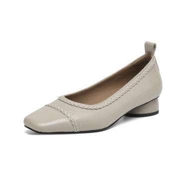 Imagem de TinaCus Mocassim feminino de couro legítimo, bico quadrado, salto grosso, feito à mão, casual, Cinza, 35