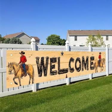 Imagem de BlissYard Welcome to the Wild West Banner Cowboy Bar Cerca de Jardim Tema Cavalo Ocidental Decoração Pendurada 299.7 x 50.8 cm Wall Outdoor Party Decor Supplies