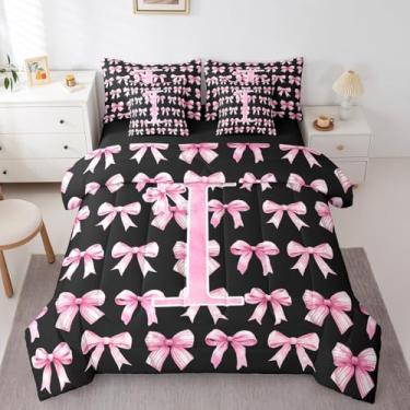 Imagem de Erosebridal Conjunto de cama infantil com inicial I rosa e preto, tamanho casal para meninas, conjunto de edredom com laço de coquete com lençóis, cama estética de princesa em uma bolsa, conjunto de