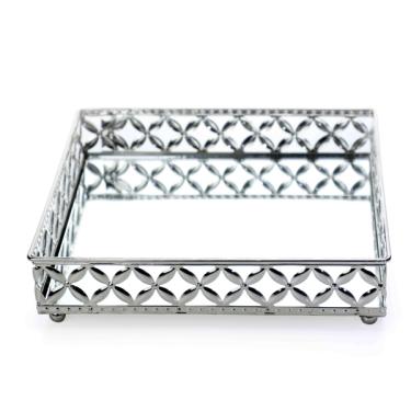 Imagem de Bandeja Decorativa Quadrada M Em Metal Prata Com Espelho 5x21