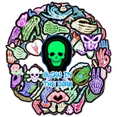 Imagem de 70 peças de adesivos neon de Halloween para crianças que brilham no escuro, decoração de esqueletos à prova d'água para garrafa de água, decalques de caveira de vinil para adolescentes, meninas