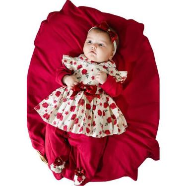 Imagem de Saída de Maternidade Menina Delicada Floral Vermelha 04 Peças - Sônia 