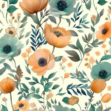 Imagem de Papel de parede floral amarelo descascar e colar, papel de contato com flores laranjas/azuis 44,5 cm x 1,000 cm, papel de parede boêmio botânico removível à prova d'água para prateleiras de quarto,