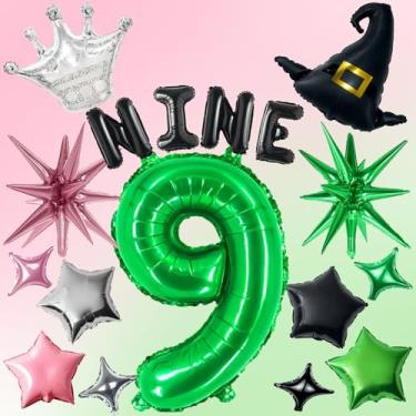 Imagem de Conjunto de balões Wicked, 18 peças de decorações de festa de bruxa, 101,6 cm grande esmeralda número 9 balões para festa de aniversário com tema de bruxa mágica.