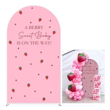 Imagem de KONPON A Berry Sweet Baby is On The Way! Capa de fundo arqueada rosa com tema de morango, capas de suporte arqueadas elásticas para meninas, aniversário, decoração de chá de bebê, adereços de exibição