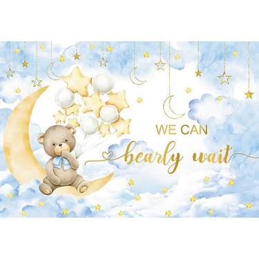 Imagem de Yeele Pano de fundo de chá de bebê de 2,1 x 1,5 m para meninos, céu azul, lua, estrelas, balões Podemos esperar para conhecê-lo, fundo fotográfico para meninos, chá de bebê, revelação de gênero