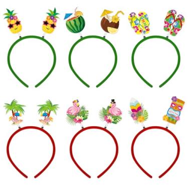 Imagem de Conjunto de 6 faixas de cabeça tropicais Luau, inclui abacaxi, bebida de coco, flamingo, palmeira, chinelos e máscaras Tiki para lembrancinhas de festa de verão na praia havaiana, aniversário e