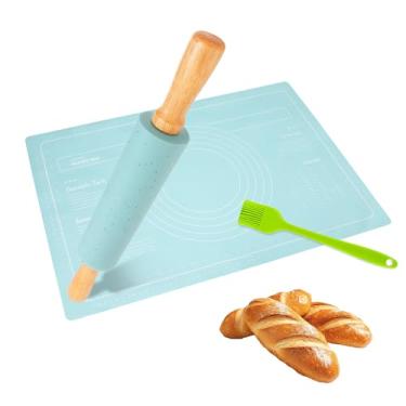 Imagem de 3 peças de rolo de silicone para conjuntos de panificação, rolo de massa de pastelaria de 38 cm com cabo de madeira, tapete e pincel de silicone, rolo de superfície antiaderente para acessórios de