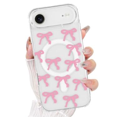 Imagem de AuroiCCY Capa magnética para iPhone, [compatível com MagSafe] Linda estampa de fita de laço transparente estética antiarranhões à prova de choque capa protetora para celular (rosa, para iPhone Plus)