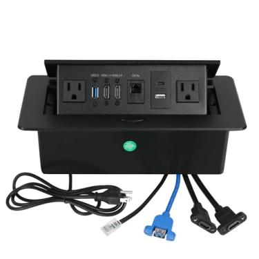 Imagem de Tomada de energia emergente de mesa, tomada central emergente para bancada, tomada multimédia, caixa de conexão para bancada com USB 3.0/2 x AC/2 HDMI/USB-A/USB-C/LAN para secretária de