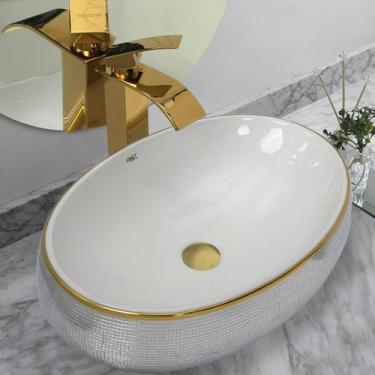 Imagem de Kit Cuba Pia Louça Cerâmica Banheiro C/Torn E Vál Dourada 98 - Smart N