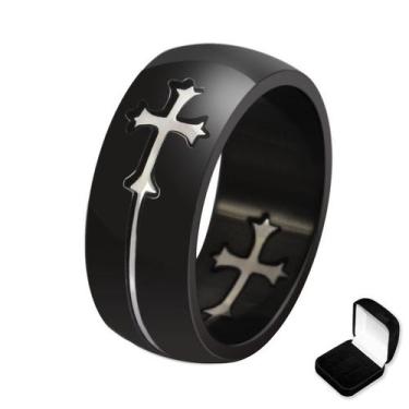 Imagem de Anel Aliança  Titânio Preto Crucifixo Cruz Prata  - Judith Joias, 33