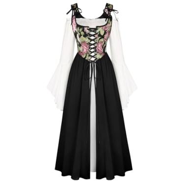 Imagem de Scarlet Darkness Fantasia feminina renascentista floral com cadarço e manga de sino vestido de fada medieval camponesa, Preto, 06