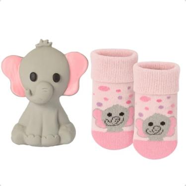 Imagem de Kit Mordedor Bebê + Par de Meias Algodão Infantil Recém-Nascido Conforto Segurança Desenvolvimento (Rosa, 4-12 Meses)