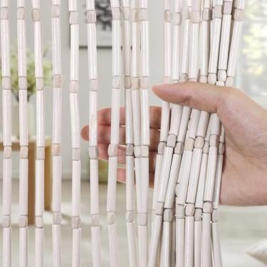 Imagem de Cortinas feitas à mão com contas de bambu para portas, 65 fios, 90 x 199 cm, madeira natural, boho, contas suspensas, divisória de quarto para decoração de casa, janela de corredor (creme)