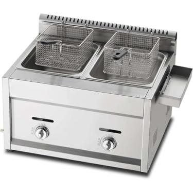 Imagem de Fritadeira A Gás Comercial, Cesta De Bancada Fritadeira De Aço Inoxidável Fritadeira De Gordura Caseira Restaurante Batatas Fritas Chip, Com Cesta & Tampa, Controle De Temperatur, 3tank