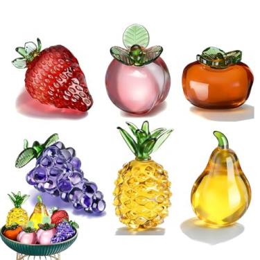 Imagem de Quaocens 6 peças de decoração de vidro de frutas, decoração de cristal, uvas, abacaxi, pêssego, pera, morango, caqui, cristal artificial, decoração de vidro soprado à mão, adequada para presentes